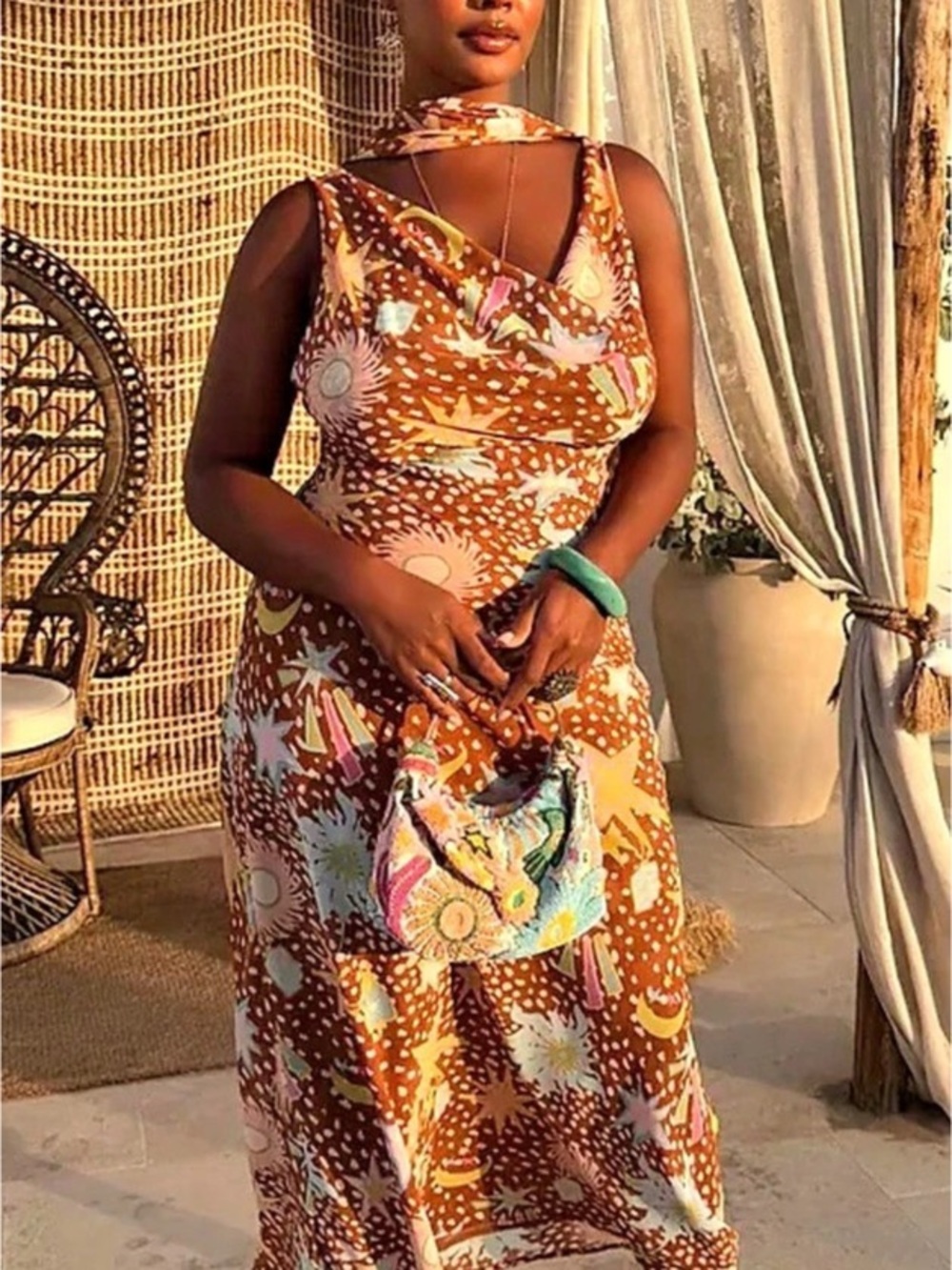 Cowl Neck Maxi Dress w/ Scarf in Brown and Abstract Print
